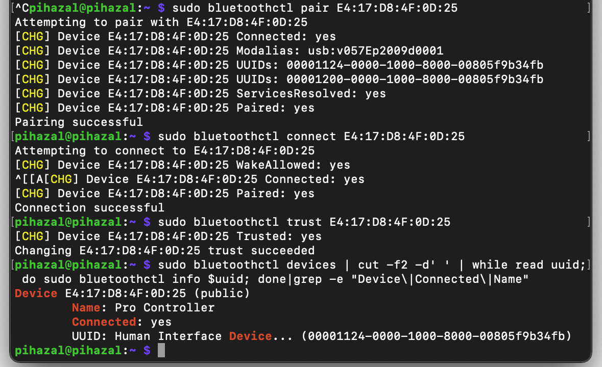A screenshot of a Pi terminal showing the above bluetoothctl commands and their outputs.